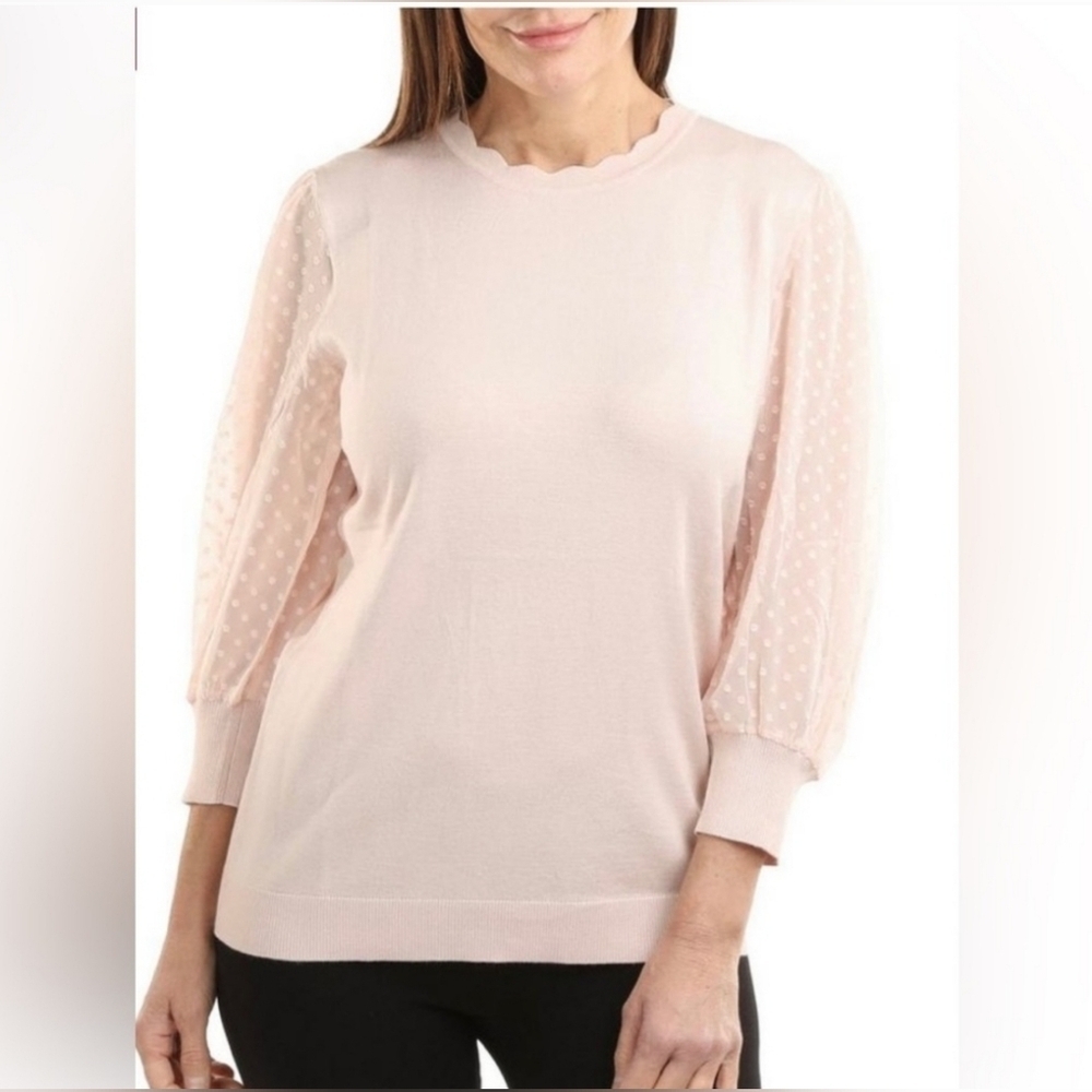 Adrianna Papell Scallop Edge Neck Sweater Women's Size L Duster pink